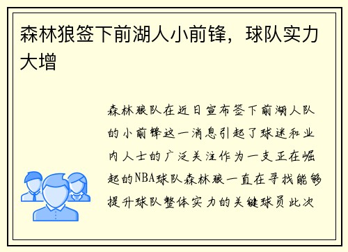 森林狼签下前湖人小前锋，球队实力大增